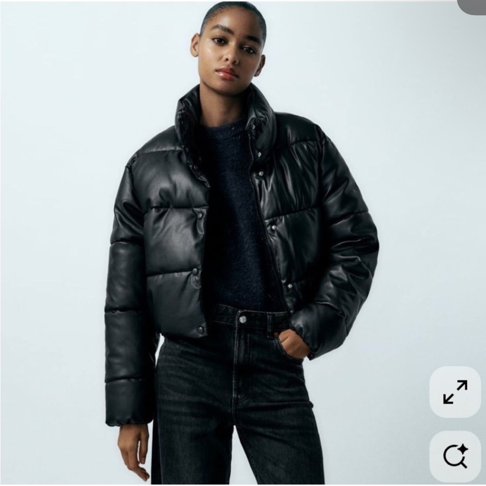 zara black faux leather puffer jacket size small